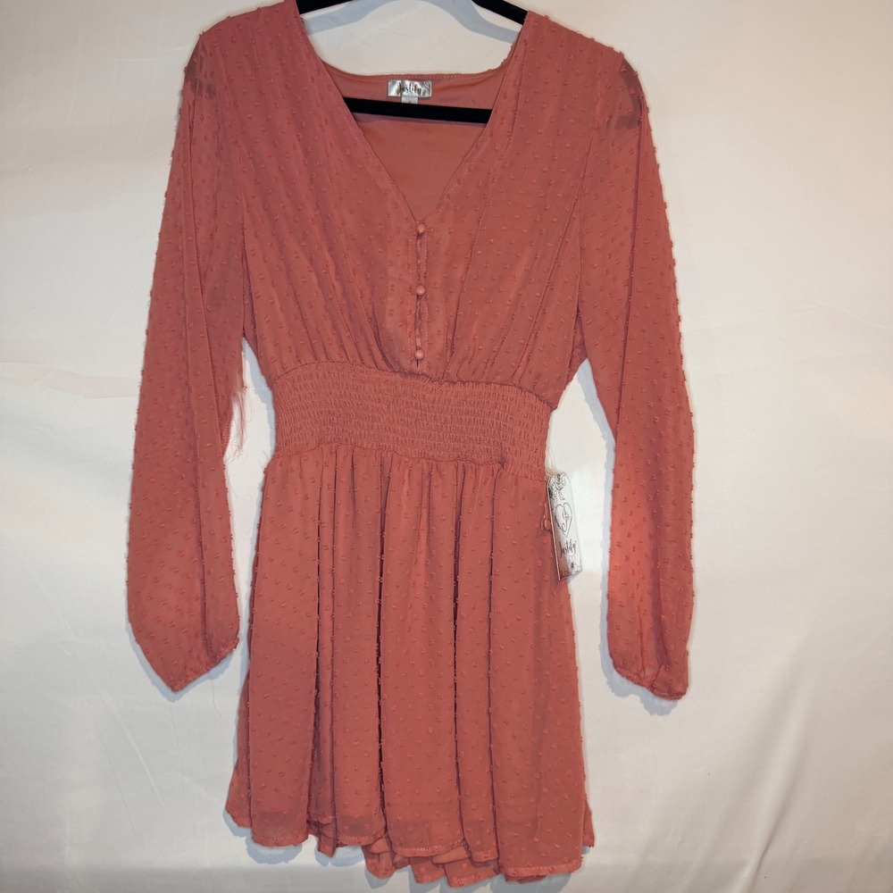 Justify Women Coral Pink Swiss Dot Smocked Mini Dress Long Sleeve Size L NWT